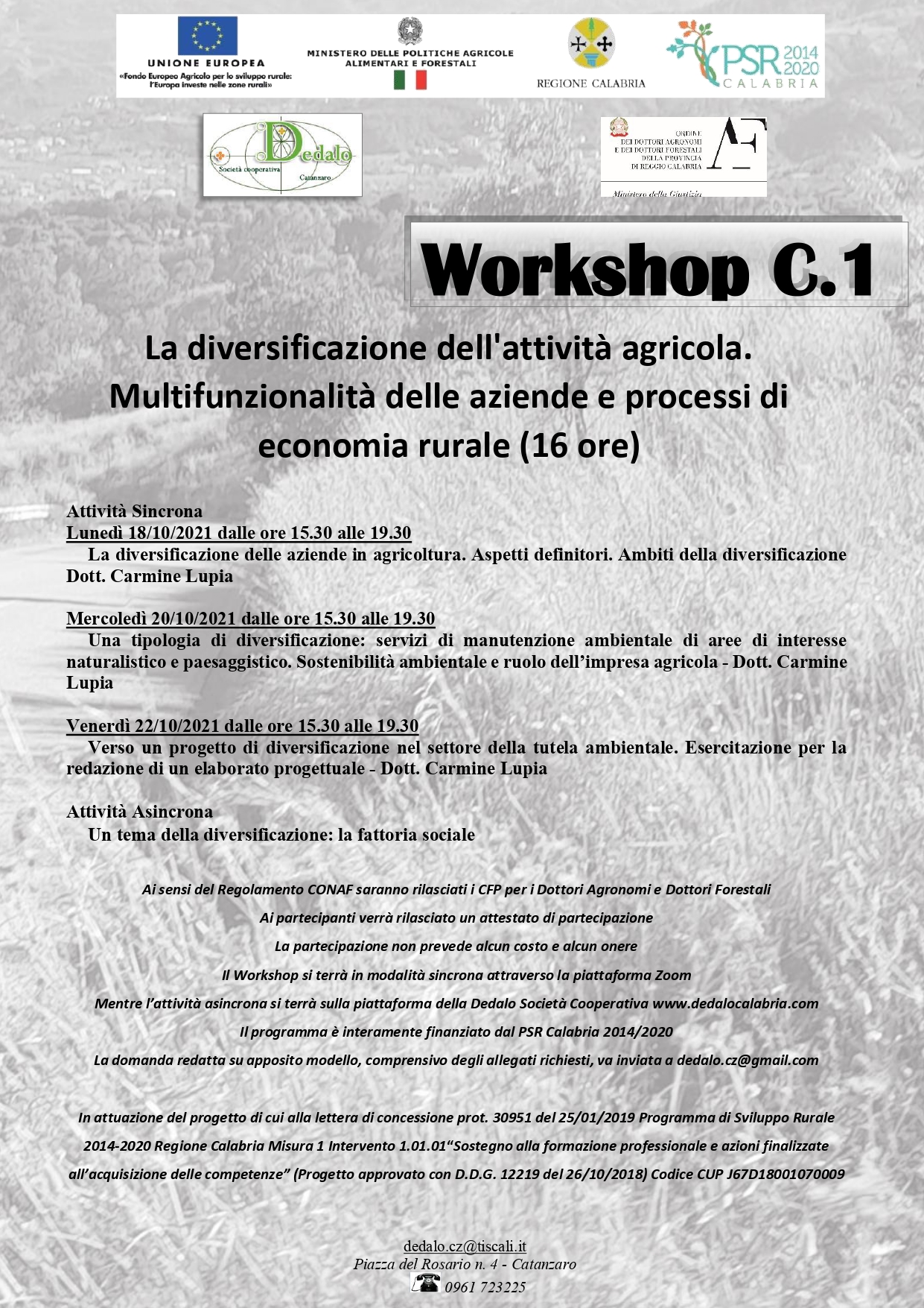 Workshop C.1 .La diversificazione dell’attività agricola. Multifunzionalità delle aziende e processi di economia rurale (16 ore)